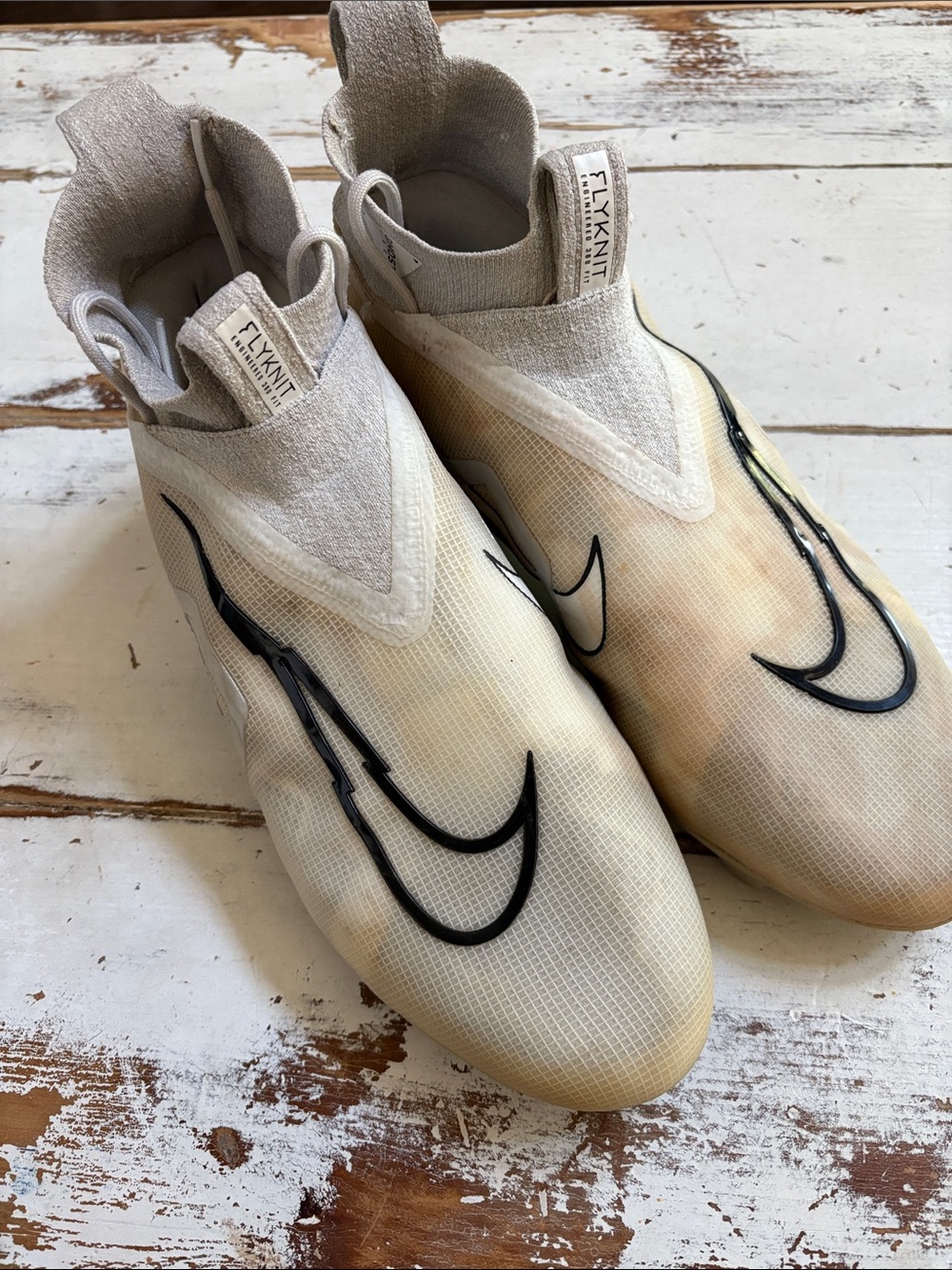 Nike Cream Laceless Flyknit football Cleats with Black Swoosh